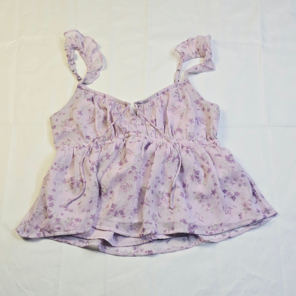 Hollister Womens Floral Babydoll Cami Top Size S Purple Ruffle Strap Chiffon H21 - Picture 9 of 16